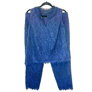 J Crew Lace Ruffle-Neck Top And Lace Pant Set Dark Blue Womans Petite 8‎ M